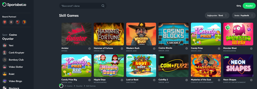 Sportsbet.io oyunlar bölümü
